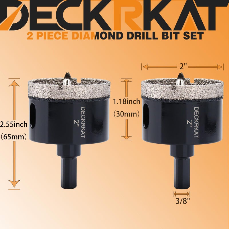 DECKRKAT 2 Inch Diamond Hole-Saw Bits with Pilot Drill Bit - 2pc 2"" Diamond Tipped Tile Hole Saws with Guiding Bit Accurate Drilling for Porcelain Tile Ceramic Pottery Granite Stone Glass Bottles 50mm - Image 2